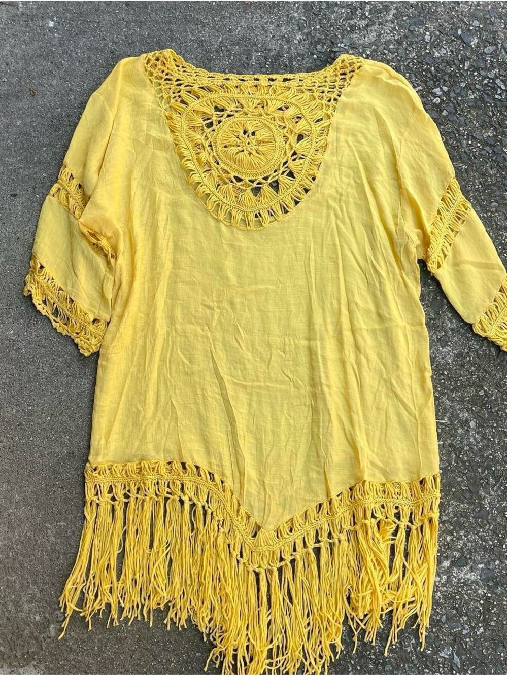Source Unknown Yellow Crochet Fringe Swim Coverup